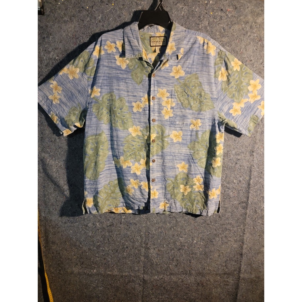 Jamaica Jaxx Hawaiian Camp Shirt Mens XL Aloha Silk Blue Palm Floral Ocean Relax